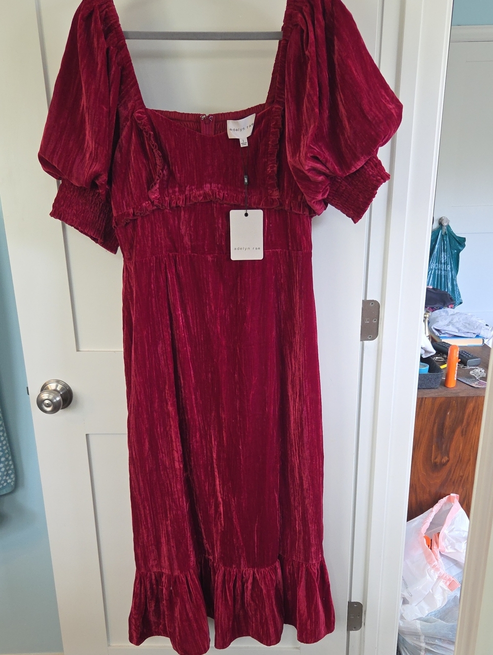 Adelyn Rae Wine-Red Velvet Midi Dress with Puff Sleeves